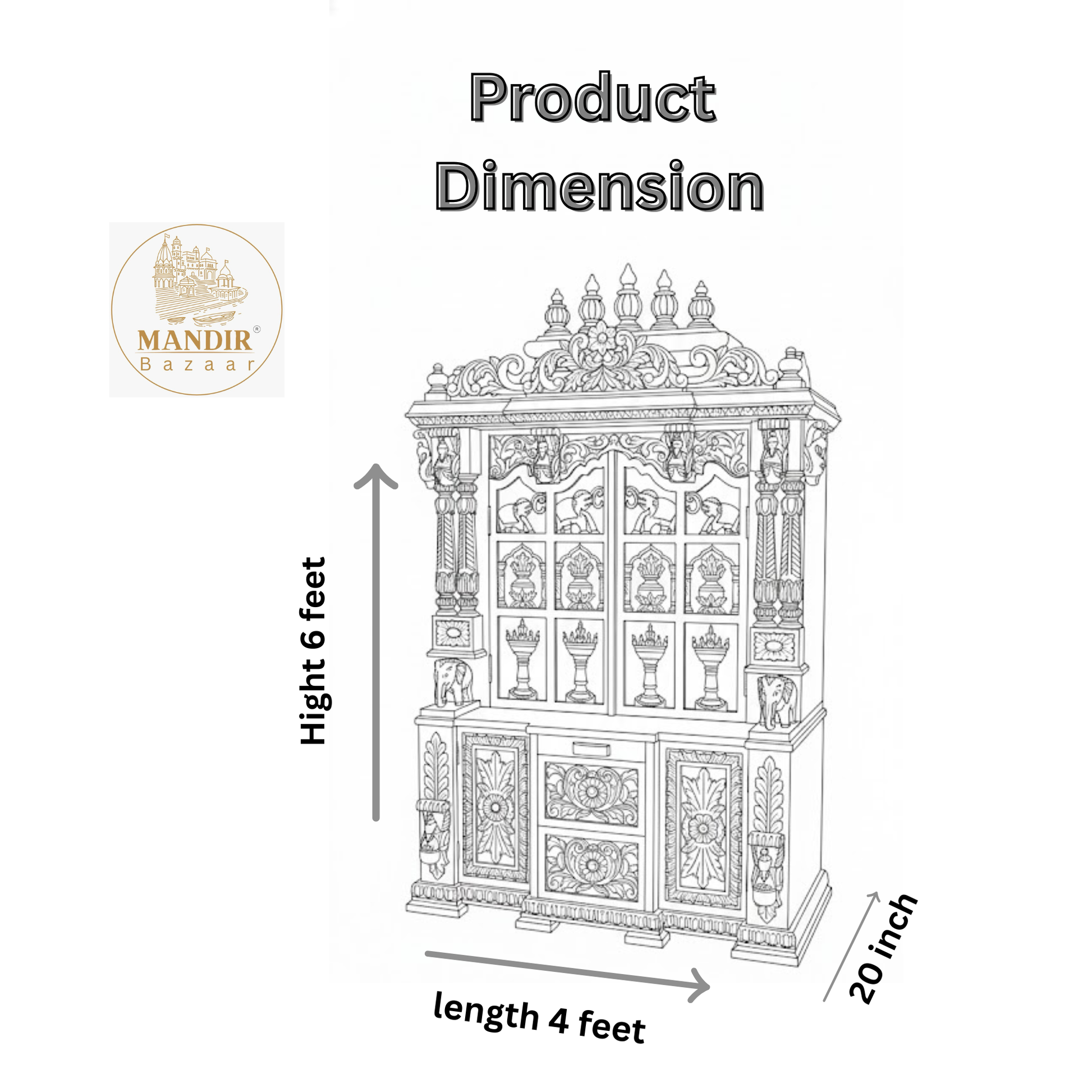 6 feet hand carved wooden pooja mandir with traditional floral carvings, elephant motifs, carved doors and storage drawers for home