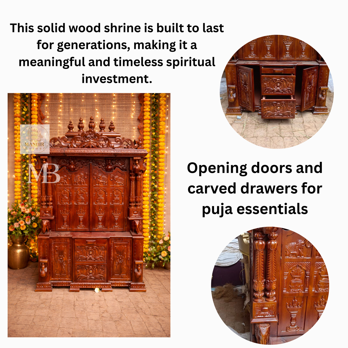6 feet hand carved wooden pooja mandir with traditional floral carvings, elephant motifs, carved doors and storage drawers for home