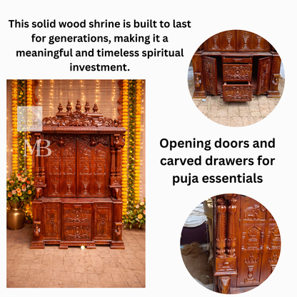 6 feet hand carved wooden pooja mandir with traditional floral carvings, elephant motifs, carved doors and storage drawers for home