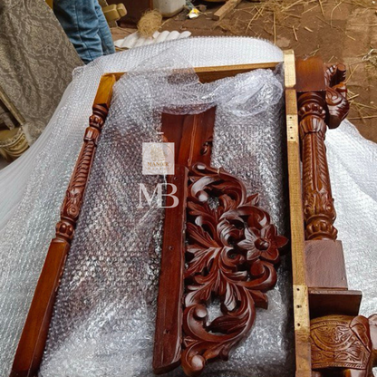 6 feet hand carved wooden pooja mandir with traditional floral carvings, elephant motifs, carved doors and storage drawers for home
