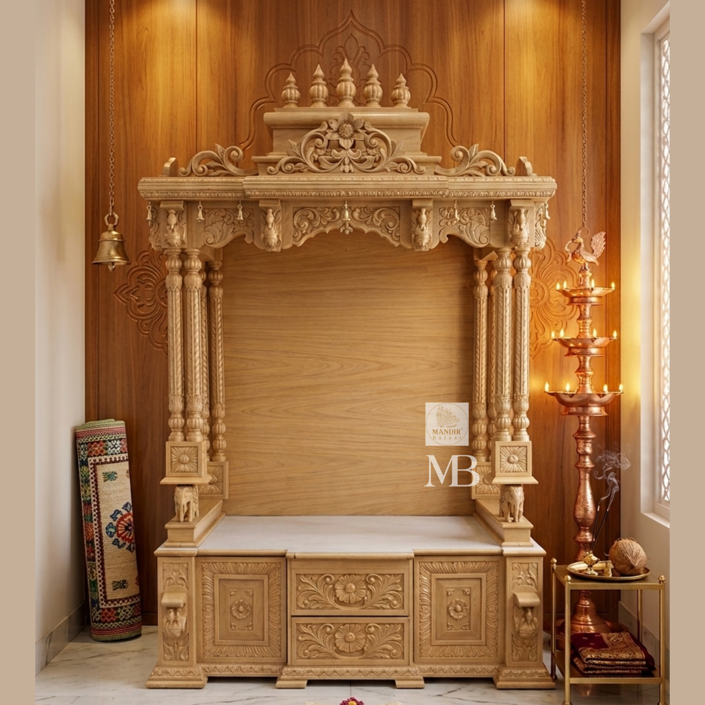 6 feet Sheesham wood pooja mandir in elegant beige finish with hand carved pillars and storage