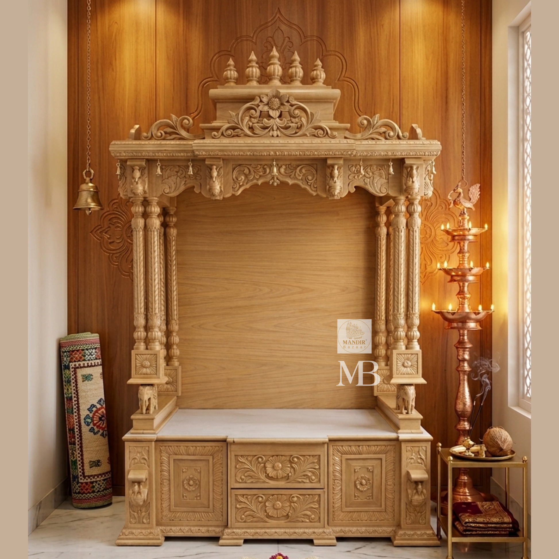 6 feet Sheesham wood pooja mandir in elegant beige finish with hand carved pillars and storage