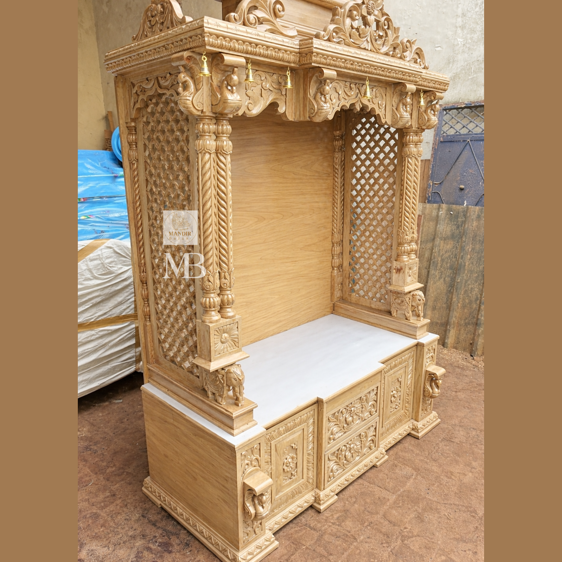 6 feet Sheesham wood pooja mandir in elegant beige finish with hand carved pillars and storage