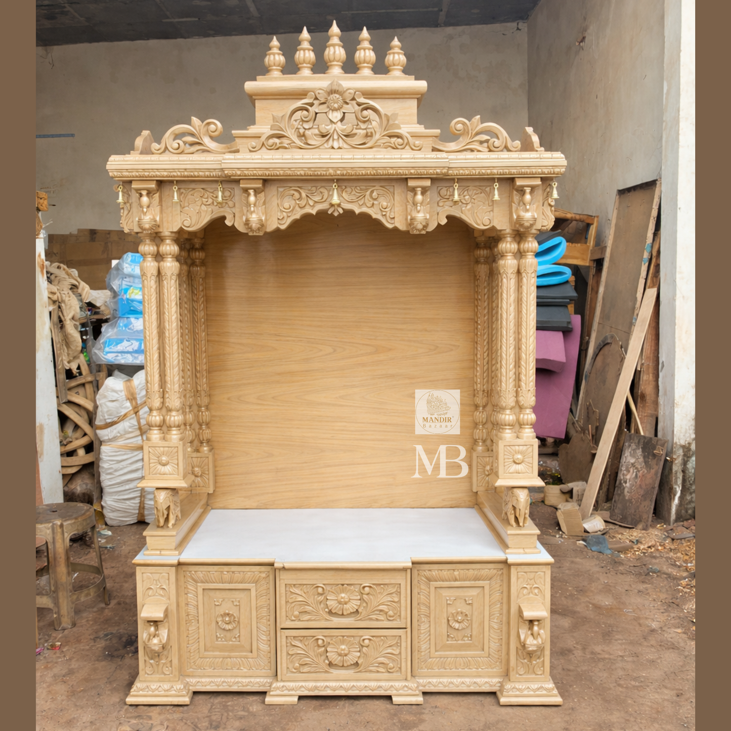 6 feet Sheesham wood pooja mandir in elegant beige finish with hand carved pillars and storage