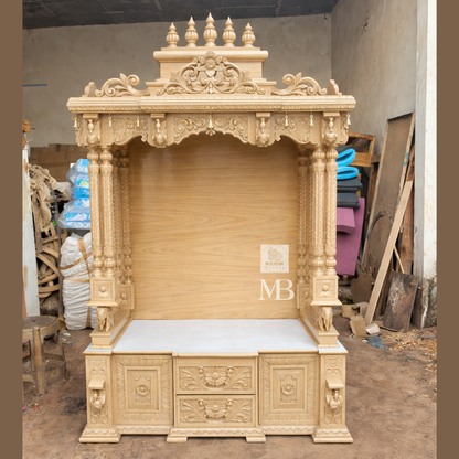 6 feet Sheesham wood pooja mandir in elegant beige finish with hand carved pillars and storage