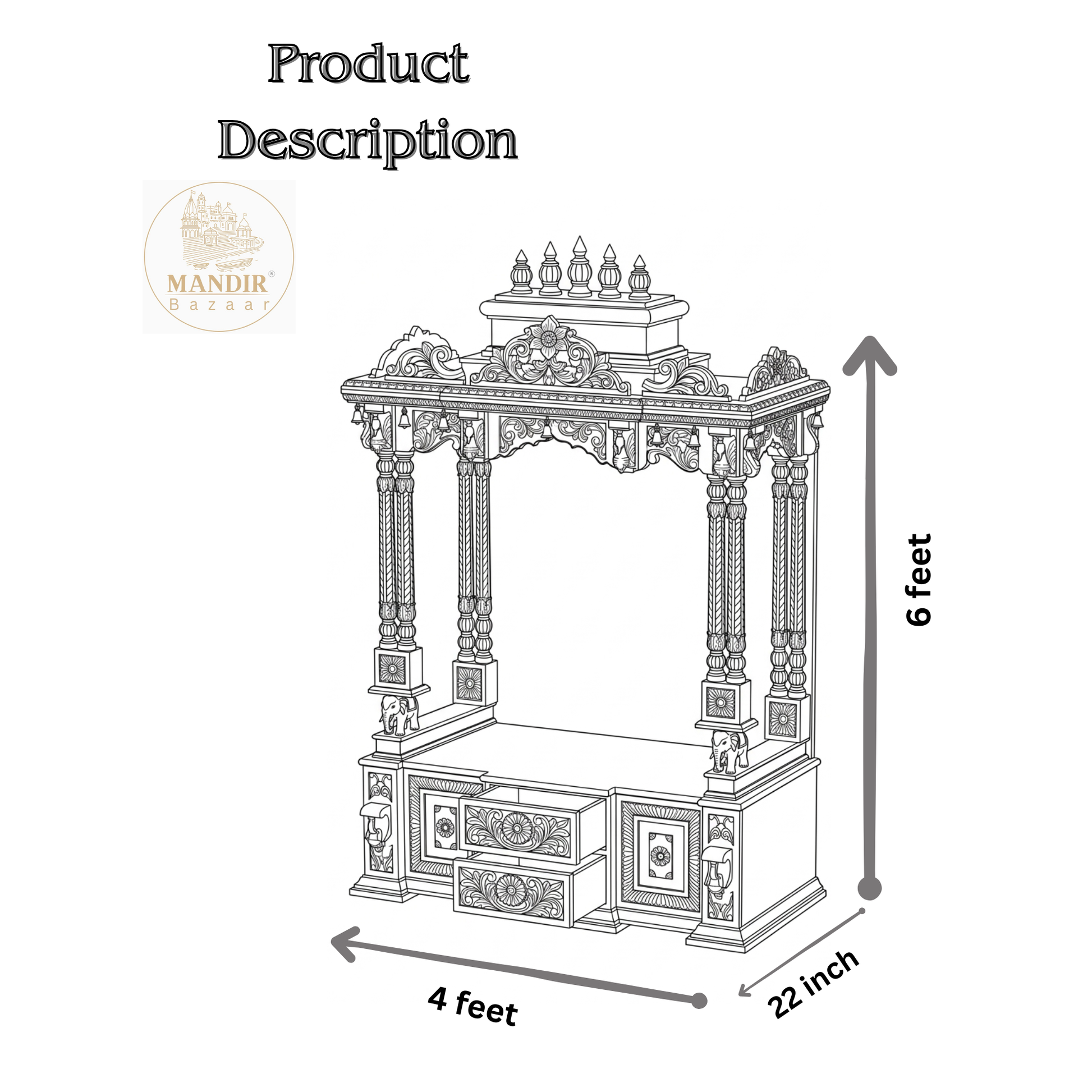 Sheesham wood home temple showing 6 feet height, 4 feet width and 22 inch depth
