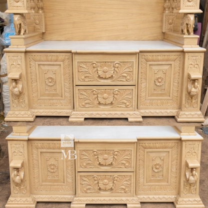 6 feet Sheesham wood pooja mandir in elegant beige finish with hand carved pillars and storage