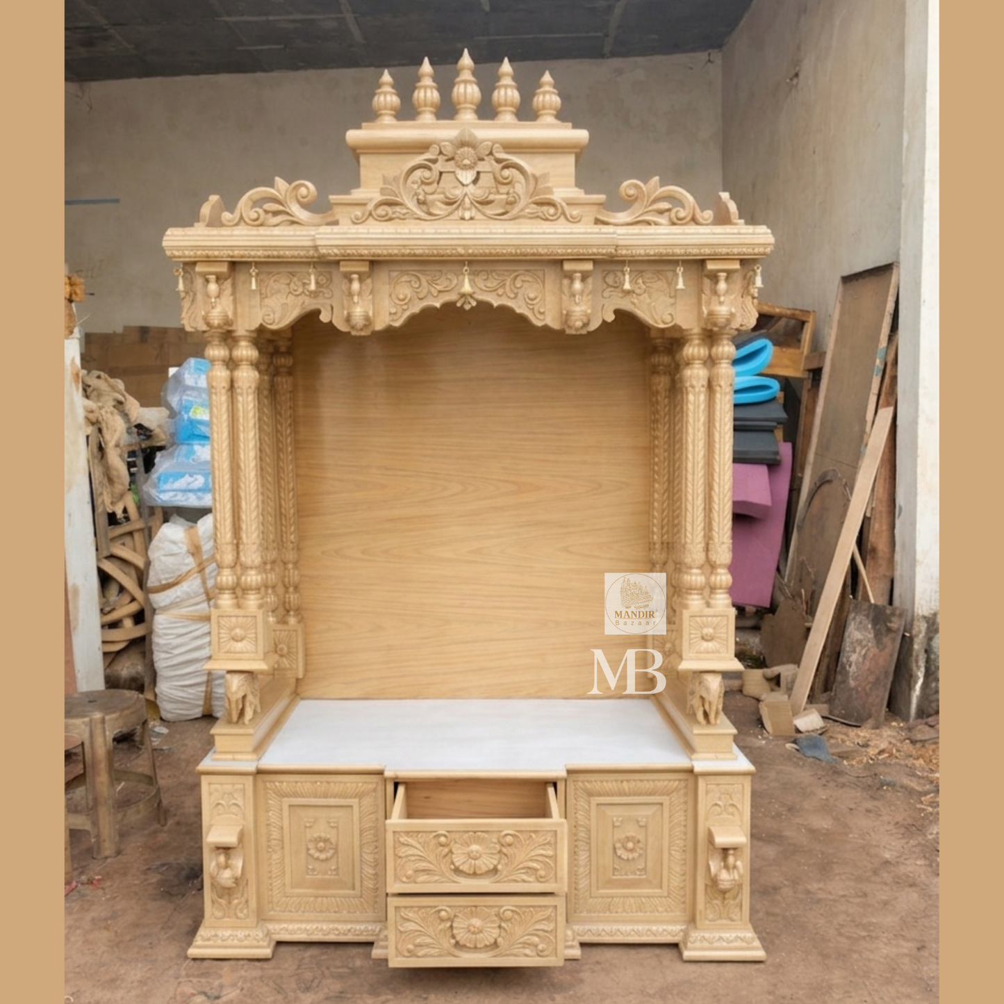 6 feet Sheesham wood pooja mandir in elegant beige finish with hand carved pillars and storage