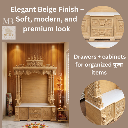 6 feet Sheesham wood pooja mandir in elegant beige finish with hand carved pillars and storage