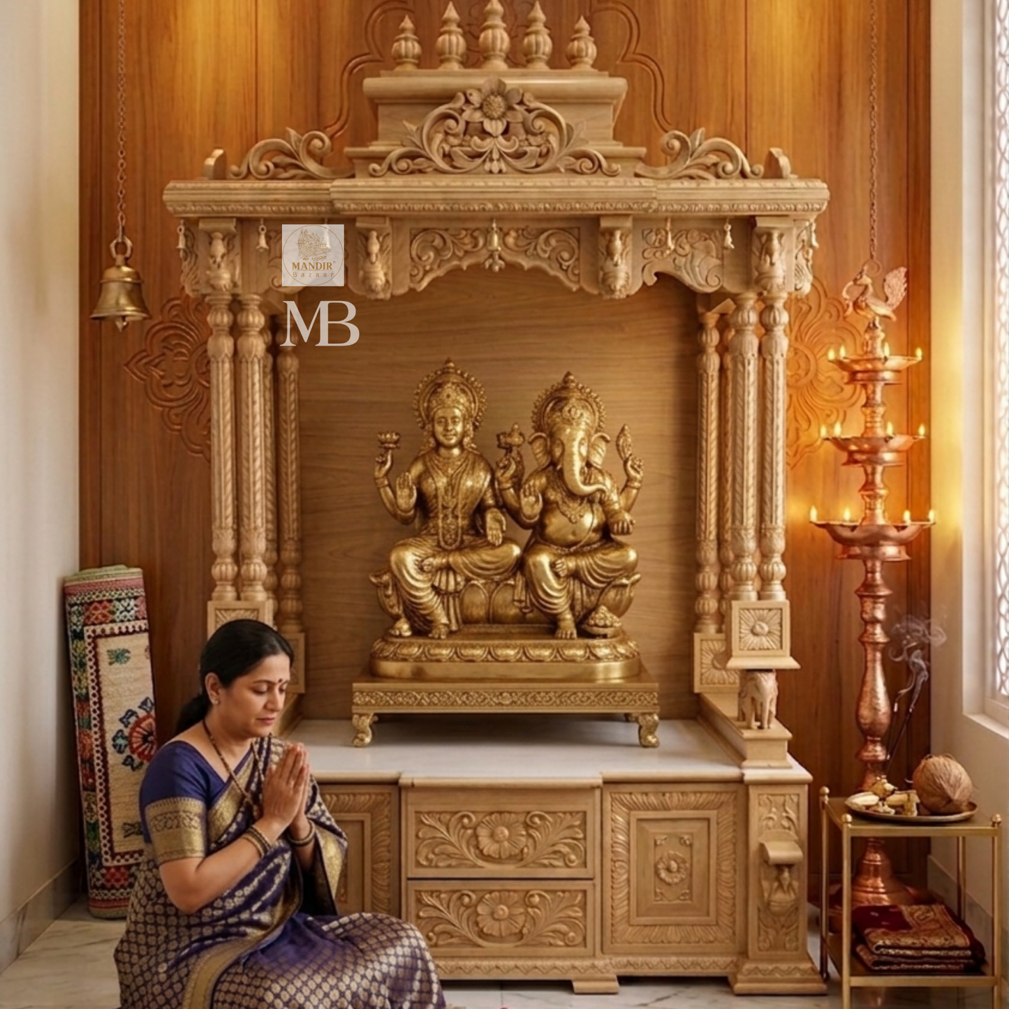 6 feet Sheesham wood pooja mandir in elegant beige finish with hand carved pillars and storage