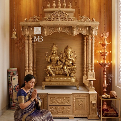 6 feet Sheesham wood pooja mandir in elegant beige finish with hand carved pillars and storage