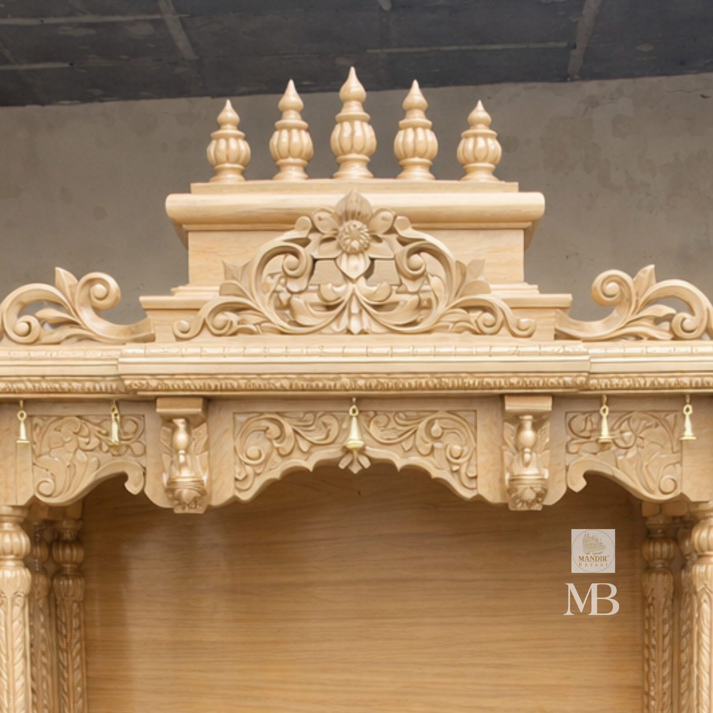 6 feet Sheesham wood pooja mandir in elegant beige finish with hand carved pillars and storage