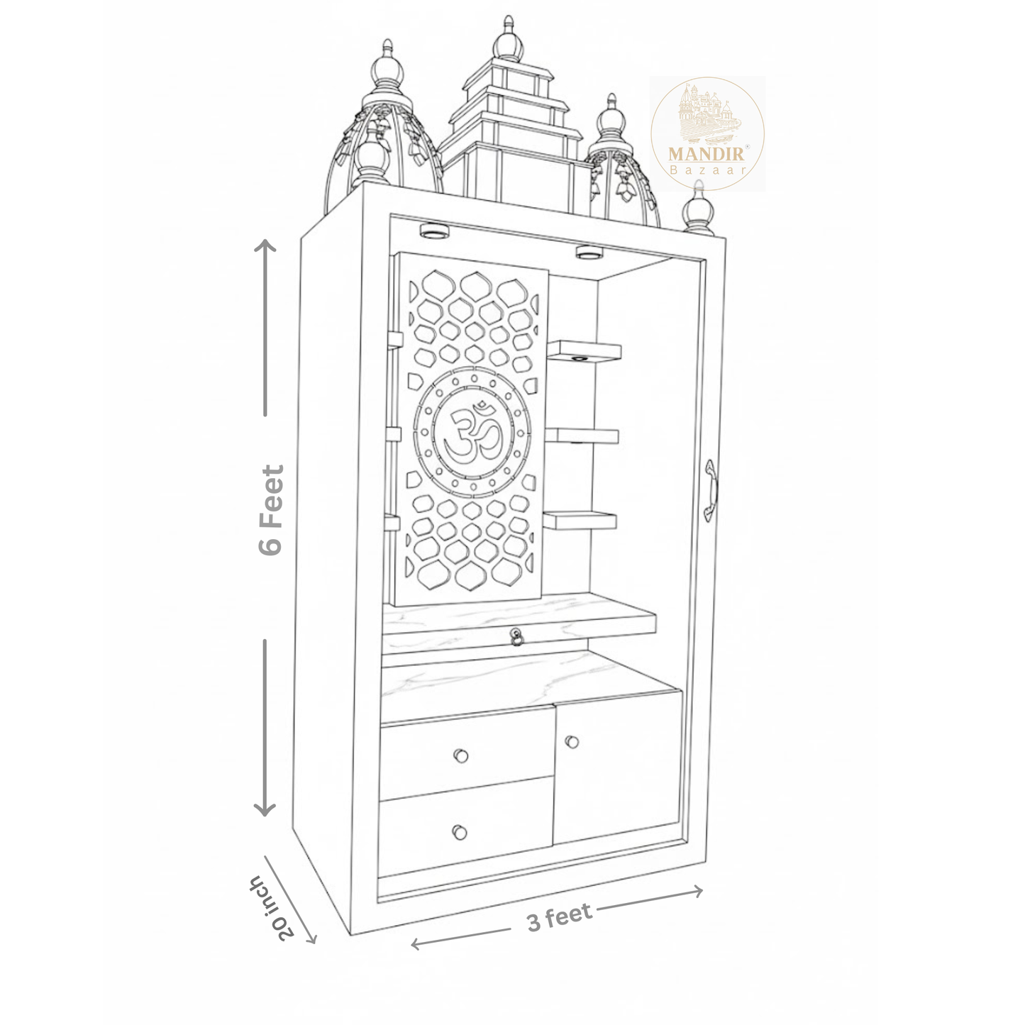 6 feet wooden pooja mandir dimensions 3 feet wide and 20 inches deep