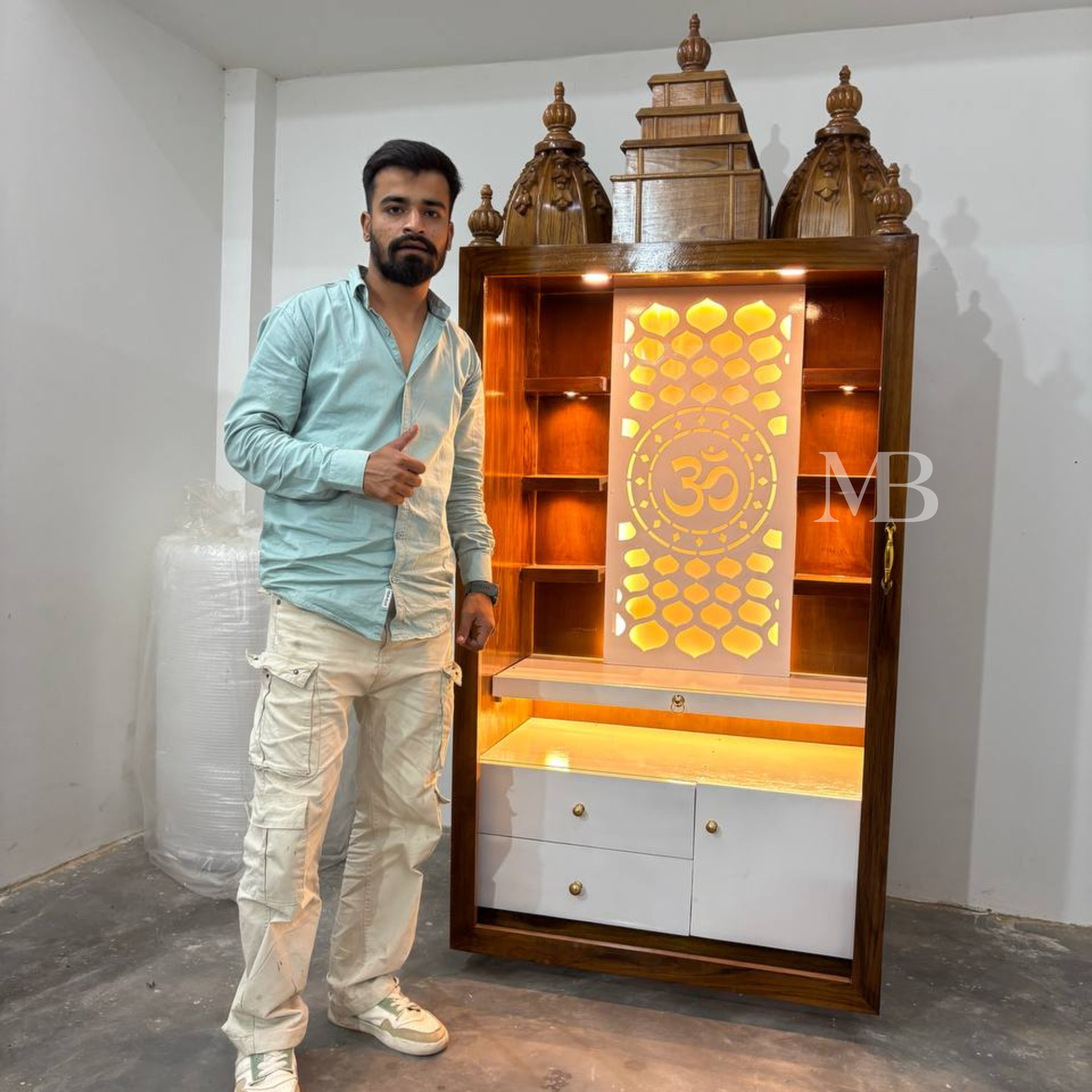 6 feet wooden pooja mandir with LED lights and Om back panel for home