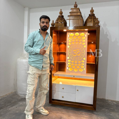 6 feet wooden pooja mandir with LED lights and Om back panel for home