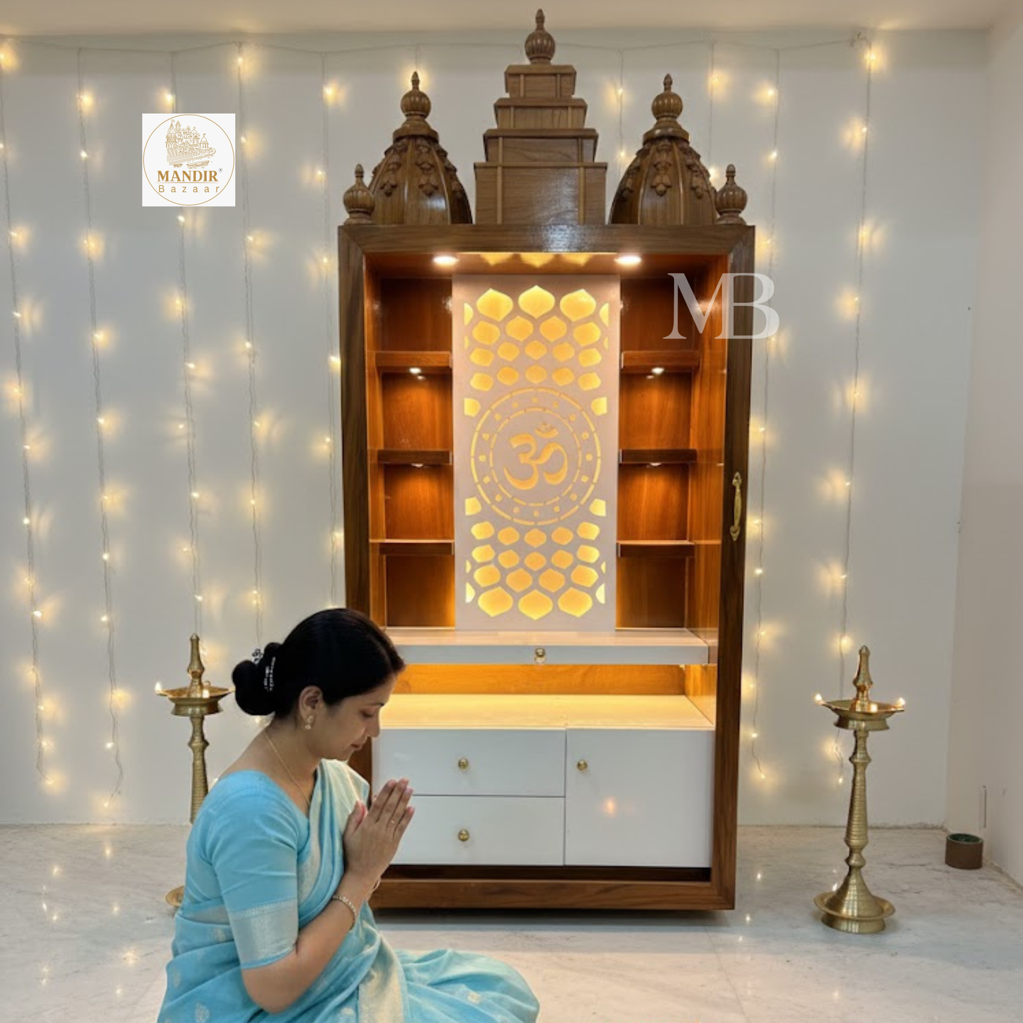 6 feet wooden pooja mandir with LED lights and Om back panel for home