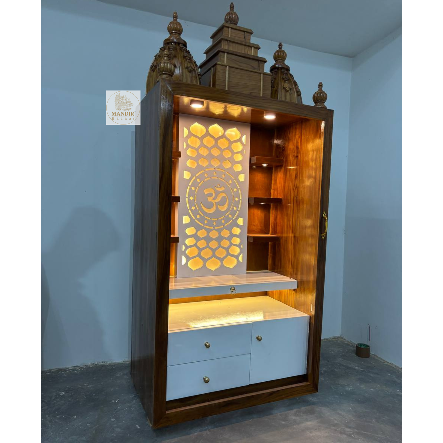 6 feet wooden pooja mandir with LED lights and Om back panel for home