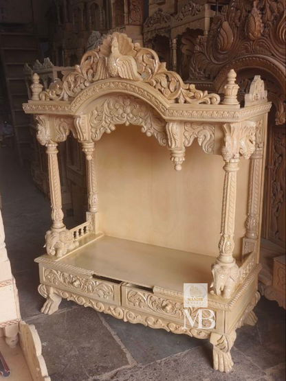 Luxury Handcrafted Wooden Pooja Mandir for Home | Solid Teak Wood Temple with Double Storage Drawers | Traditional Hand Carved Hindu Mandir