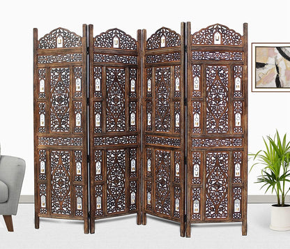 4 Panel Wooden Handcrafted Partition Room Divider Separator for Living Room Office Partition Screen Room Divider Wood Partitions for Home Kitchen & Office