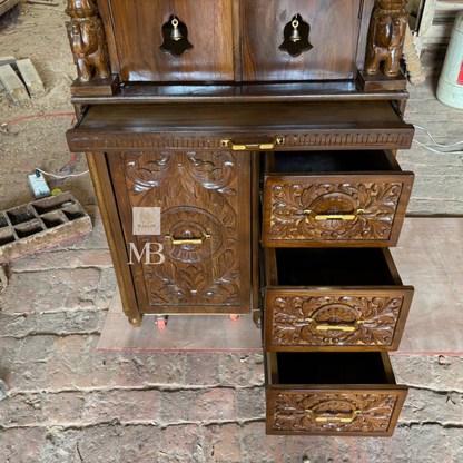 Luxury Handcrafted Wooden Pooja Mandir with Brass Bells & Storage | Solid Teak Wood Temple for Home | Traditional Hindu Temple Cabinet | Walnut Brown Finish
