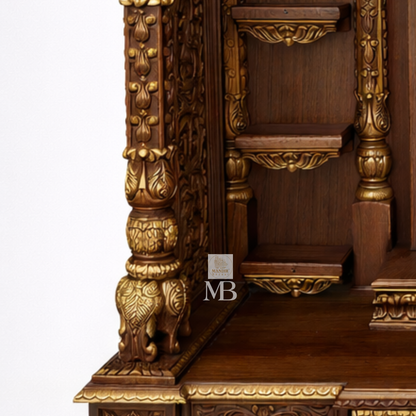Luxury Hand Carved Wooden Pooja Mandir with Storage | Solid Teak Wood Home Temple | Traditional Hindu Prayer Cabinet