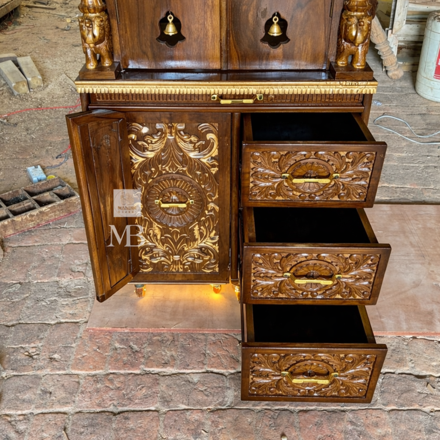 Luxury Wooden Pooja Mandir with Doors, Side Jaali & Storage Drawers | Handcrafted Solid Teak Wood Home Temple | Traditional Hindu Mandir