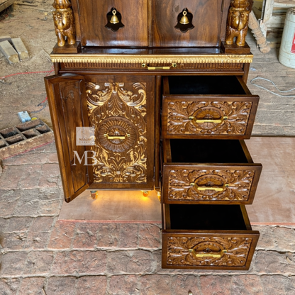 Luxury Wooden Pooja Mandir with Doors, Side Jaali & Storage Drawers | Handcrafted Solid Teak Wood Home Temple | Traditional Hindu Mandir