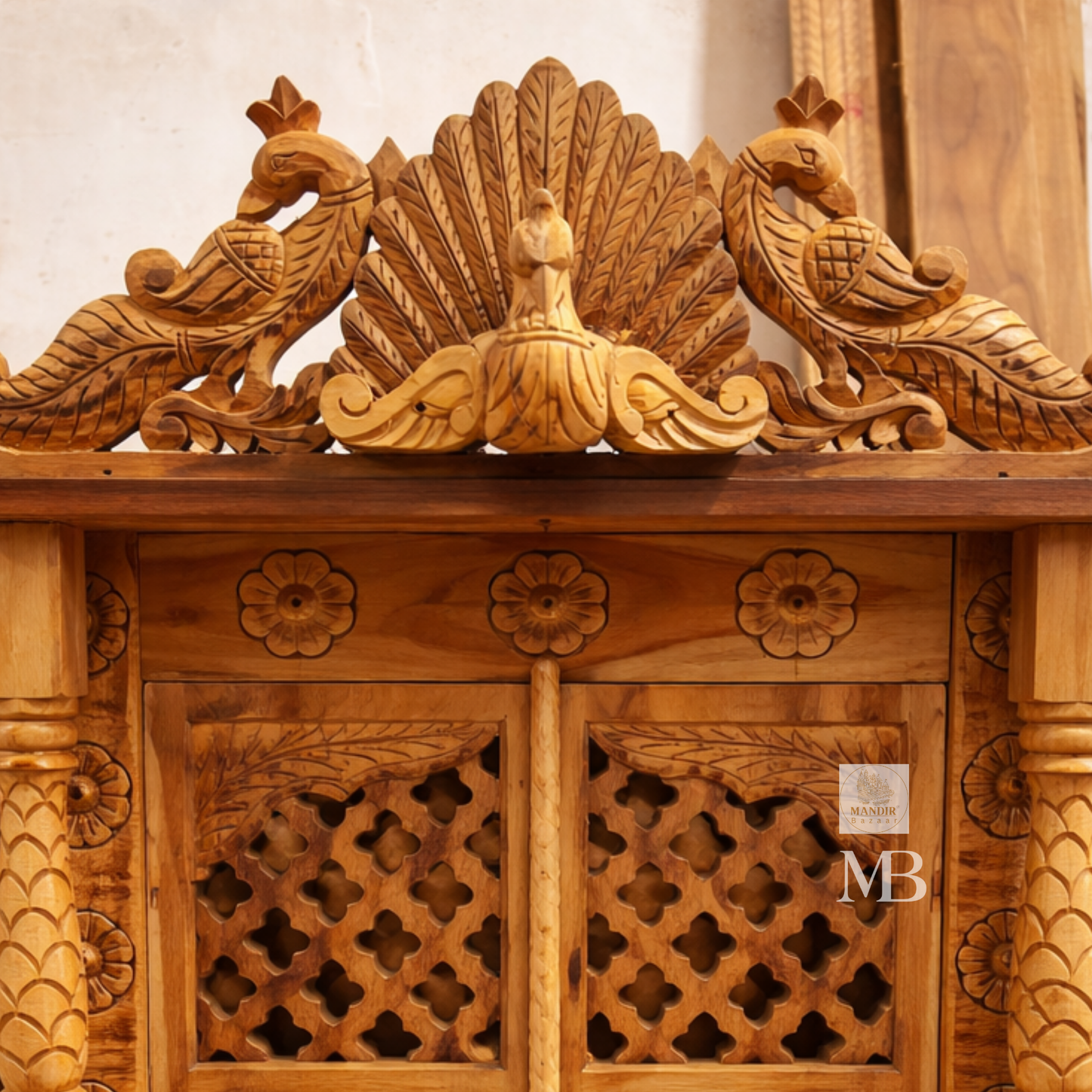 Handcrafted Wooden Pooja Mandir with Peacock Crown | Solid Teak Wood Temple for Home | Traditional Hindu Temple with Jali Doors & Storage Drawer | Natural Teak Finish