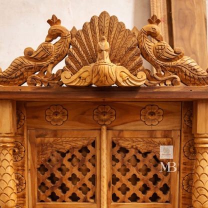 Handcrafted Wooden Pooja Mandir with Peacock Crown | Solid Teak Wood Temple for Home | Traditional Hindu Temple with Jali Doors & Storage Drawer | Natural Teak Finish