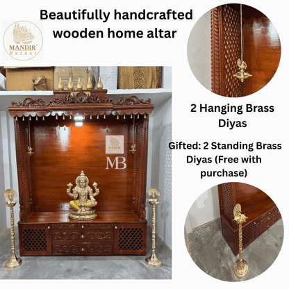 Handcrafted wooden home temple with two hanging brass diyas and two standing brass diyas included with purchase