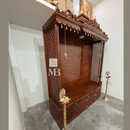 Handcrafted wooden home temple with two hanging brass diyas and two standing brass diyas included with purchase