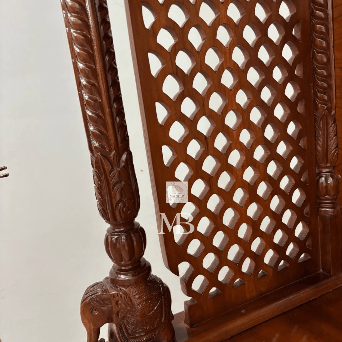 Handcrafted wooden home temple with two hanging brass diyas and two standing brass diyas included with purchase
