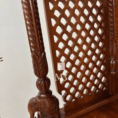 Handcrafted wooden home temple with two hanging brass diyas and two standing brass diyas included with purchase