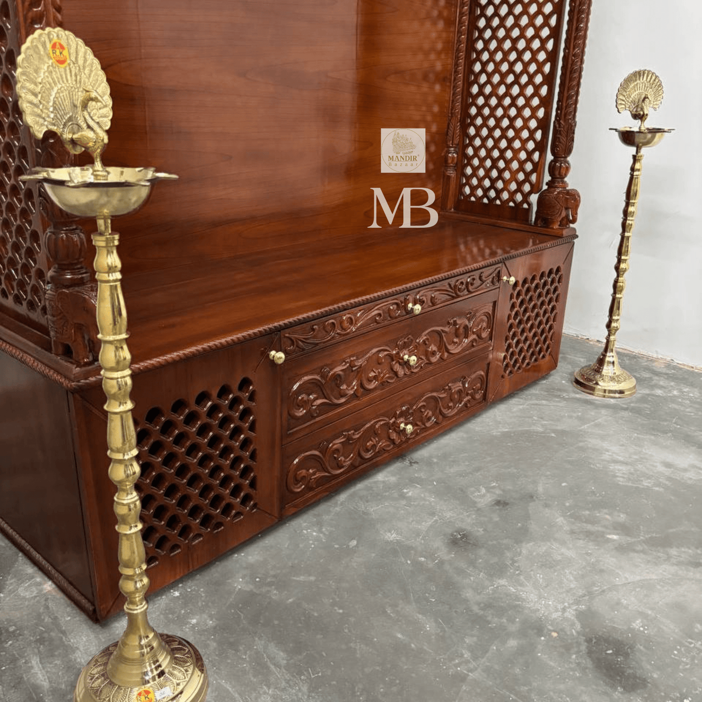 Handcrafted wooden home temple with two hanging brass diyas and two standing brass diyas included with purchase