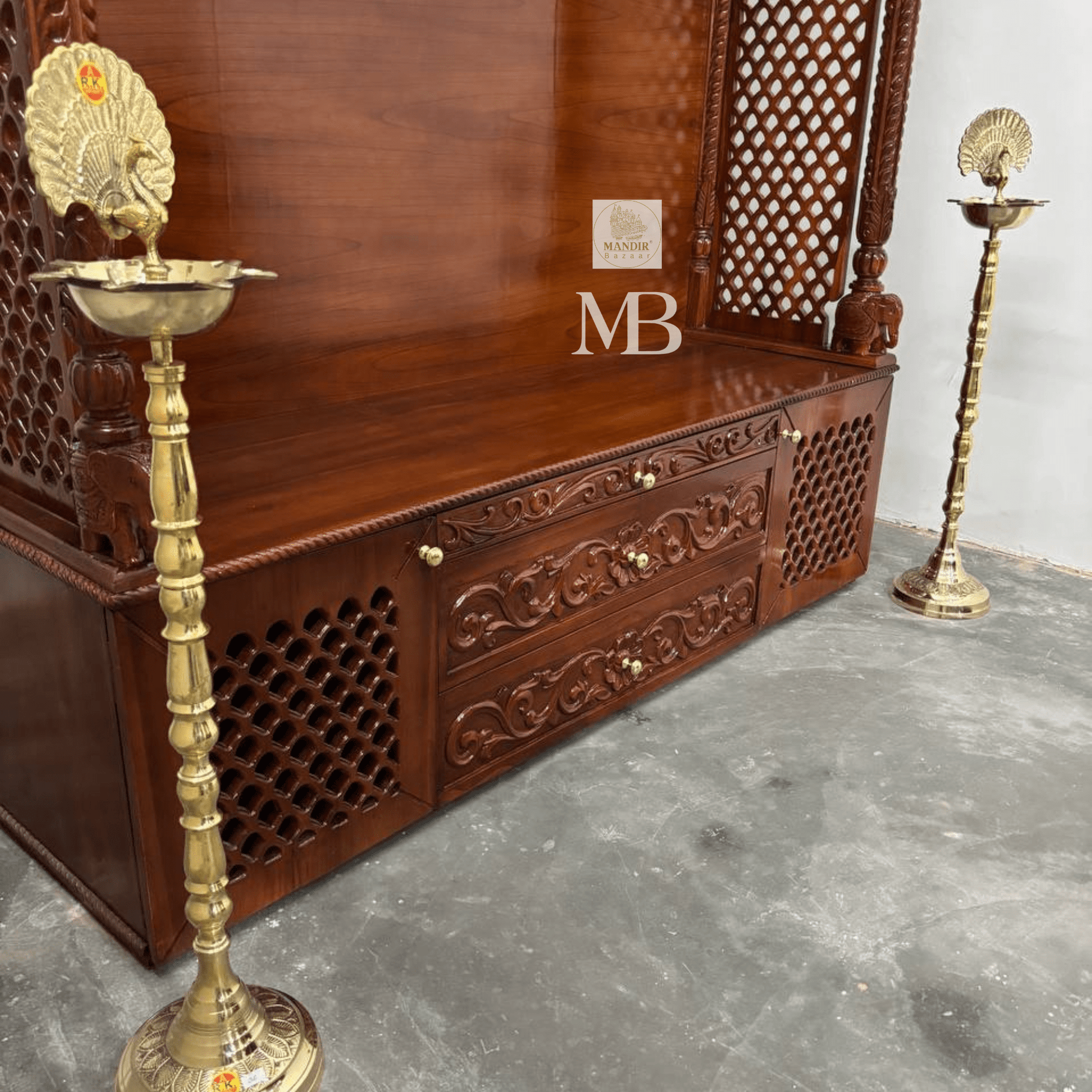 Handcrafted wooden home temple with two hanging brass diyas and two standing brass diyas included with purchase