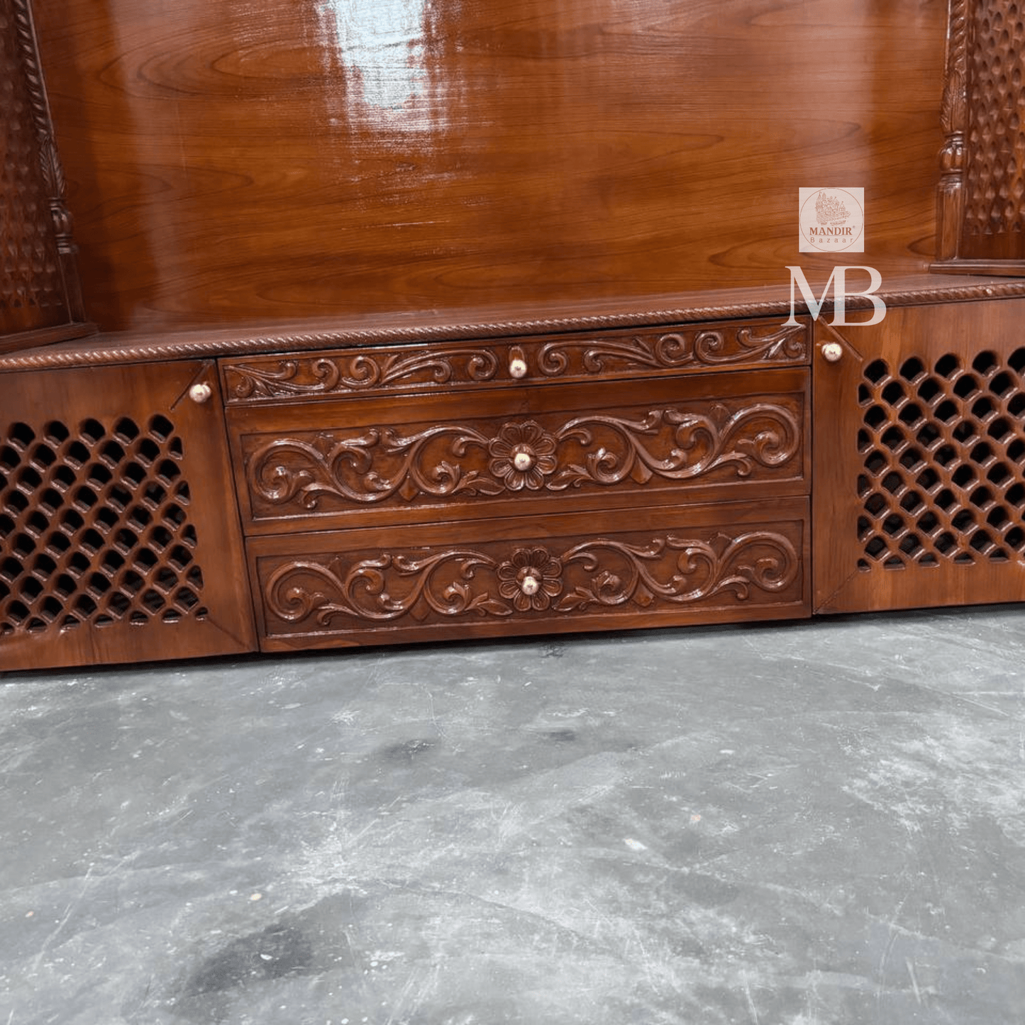 Handcrafted wooden home temple with two hanging brass diyas and two standing brass diyas included with purchase
