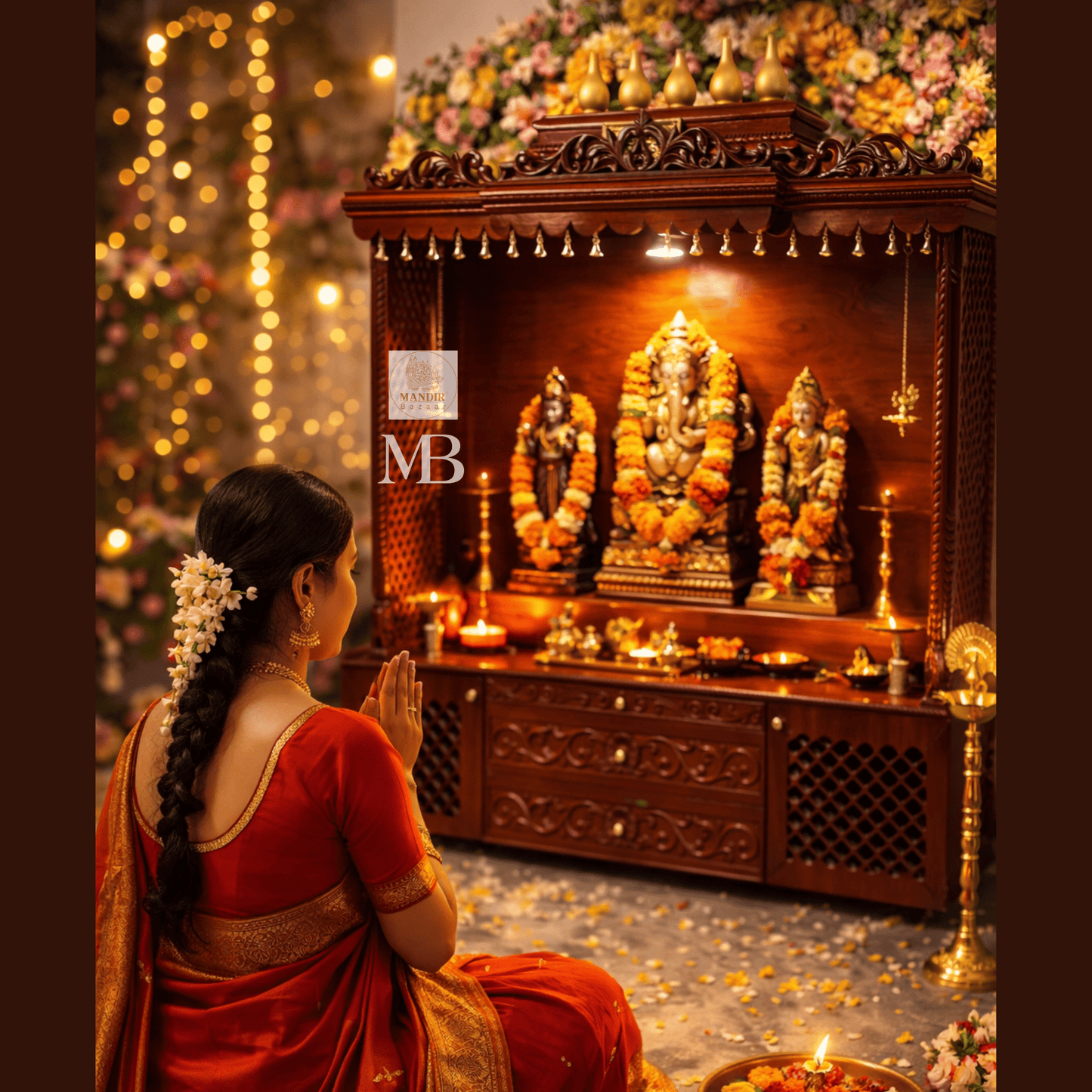 Handcrafted wooden home temple with two hanging brass diyas and two standing brass diyas included with purchase