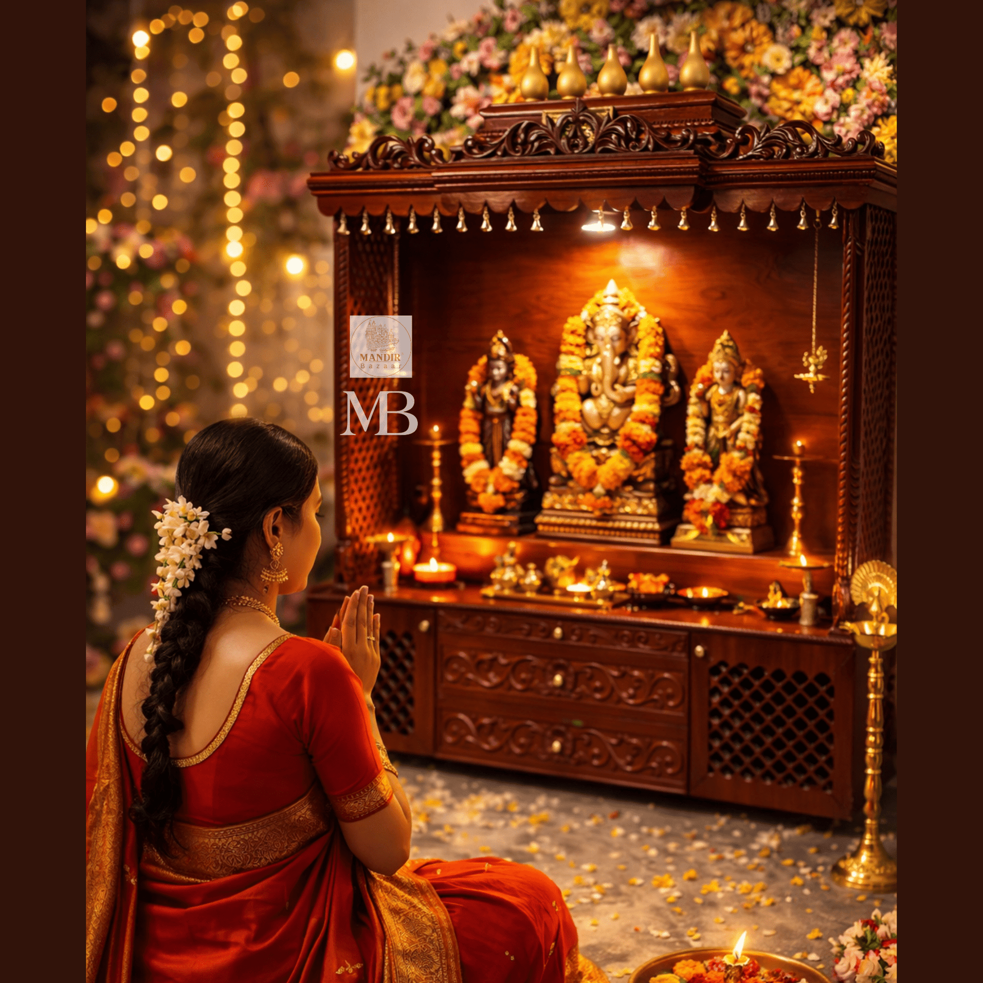 Handcrafted wooden home temple with two hanging brass diyas and two standing brass diyas included with purchase