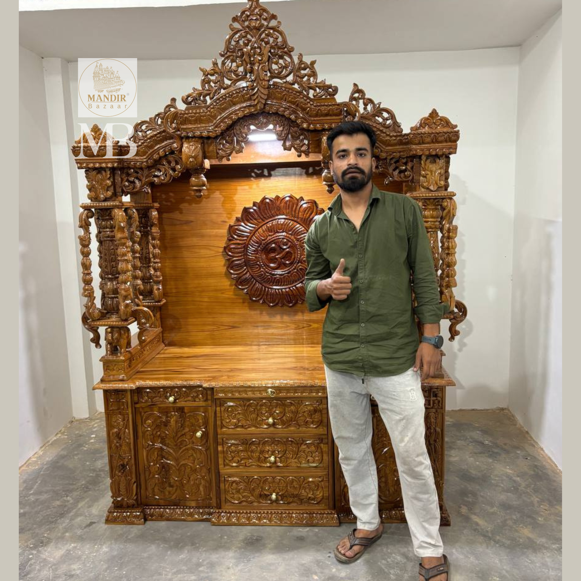7 ft large wooden pooja mandir with Om design and storage cabinet