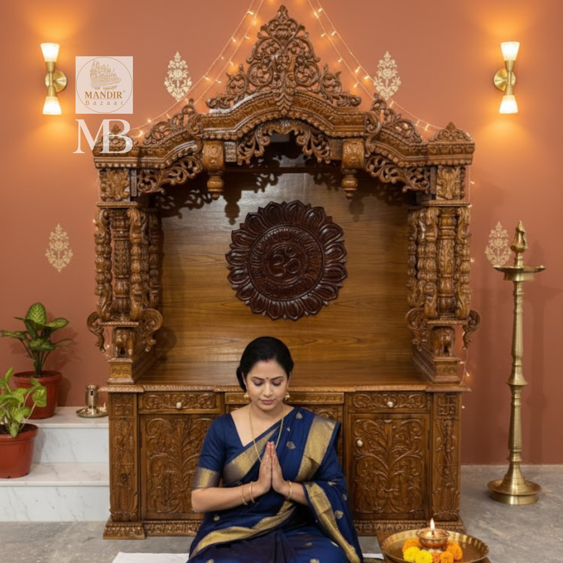 Detailed wooden pillars and decorative carvings on traditional pooja mandir