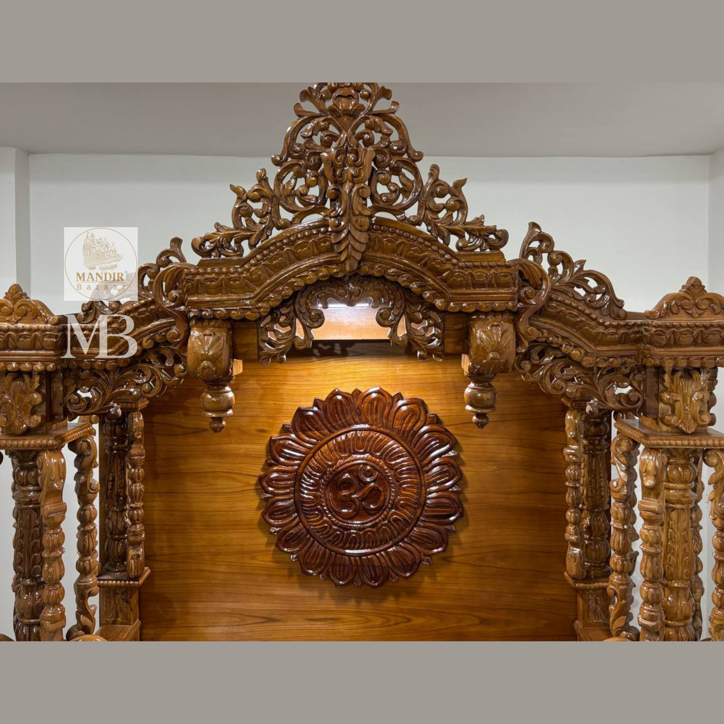 Wooden pooja mandir with multiple storage drawers and cabinet