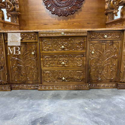 Wooden pooja mandir with multiple storage drawers and cabinet