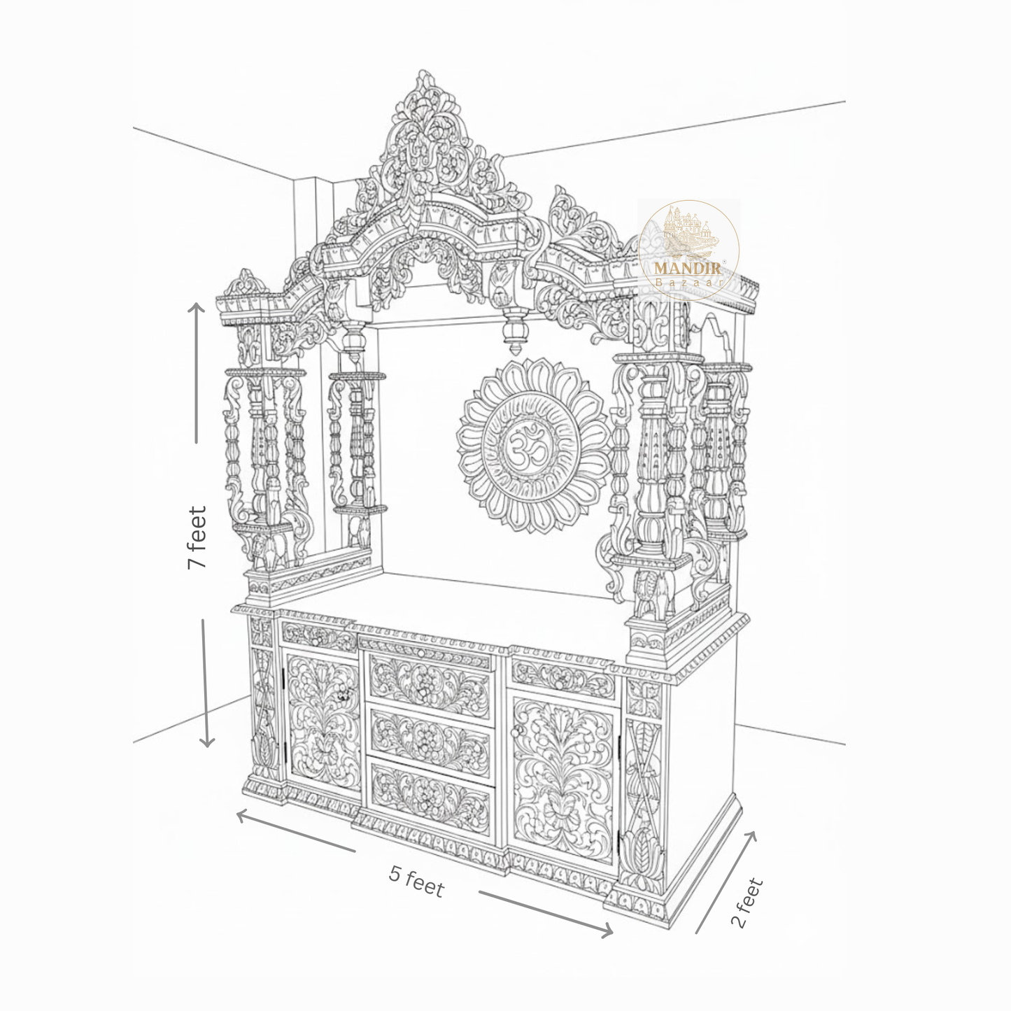 Side view of 7 ft large wooden pooja mandir for home