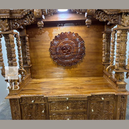 Wooden pooja mandir with multiple storage drawers and cabinet