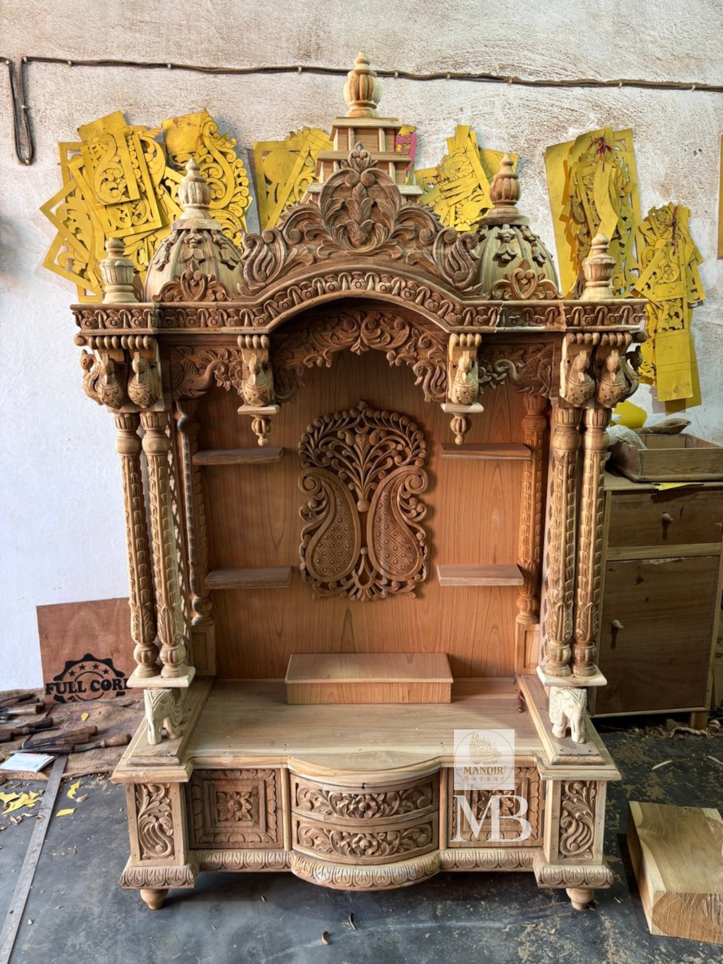 Hand Carved Wooden Pooja Mandir for Home with Peacock Design | Luxury Solid Wood Temple with Drawer & Side Shelves | Hindu Home Temple