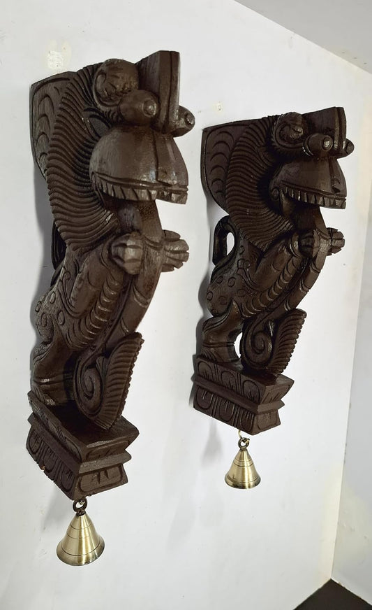 Wooden Yali Wall Corbel Pair, Brown Finish, With Brass Bell