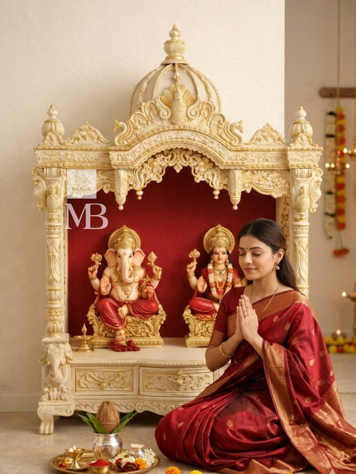 Luxury White Wooden Pooja Mandir | Hand Carved Solid Teak Wood Home Temple | Premium Hindu Prayer Mandir with Storage