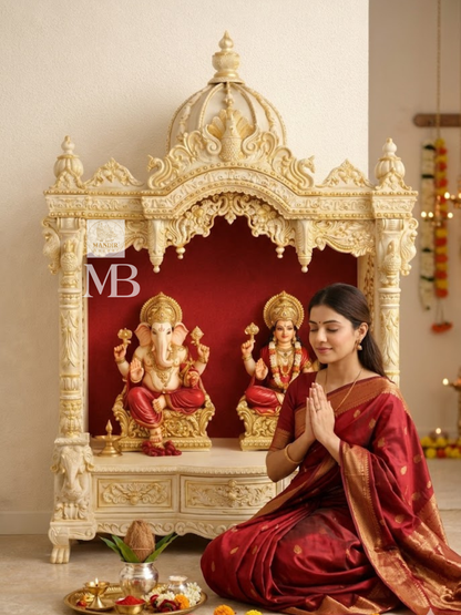 Luxury White Wooden Pooja Mandir | Hand Carved Solid Teak Wood Home Temple | Premium Hindu Prayer Mandir with Storage