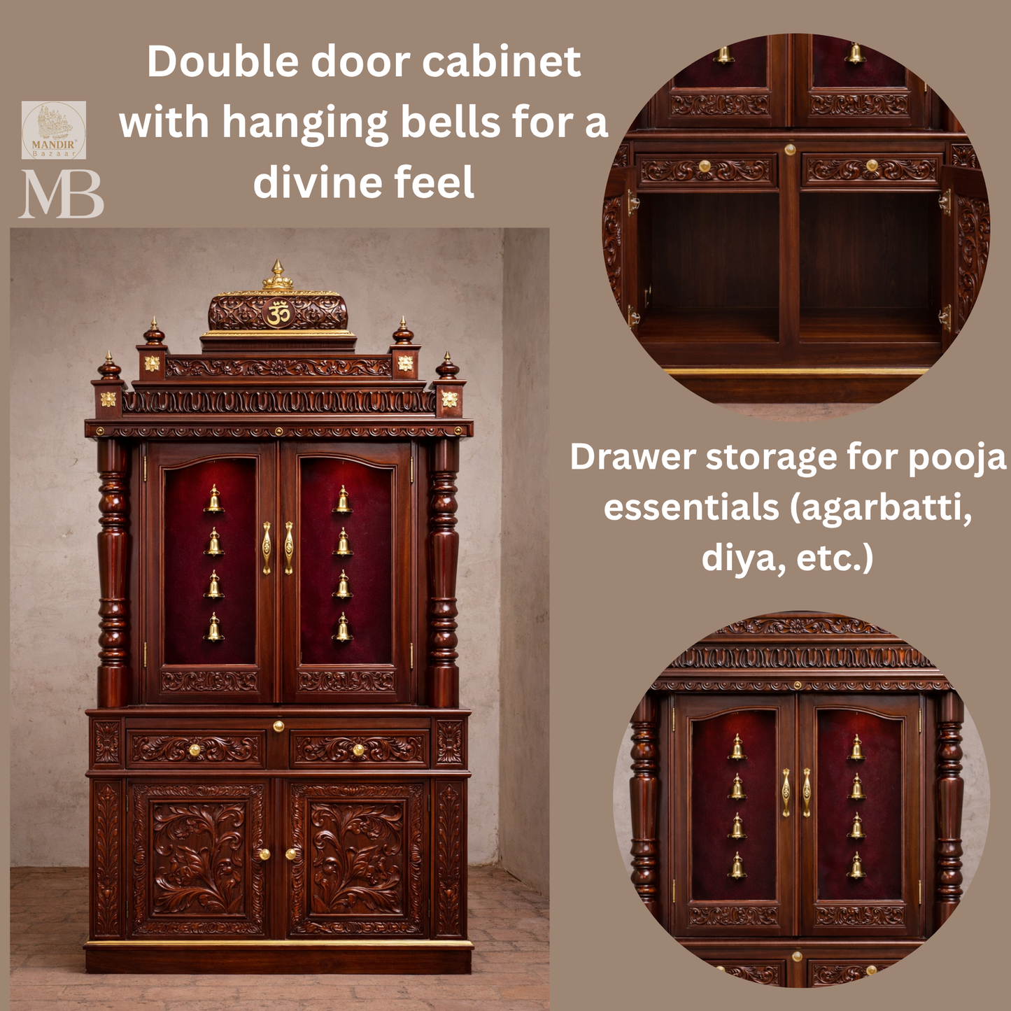 Luxury Wooden Pooja Mandir with Doors & Storage Cabinet | Solid Teak Wood Home Temple | Handcrafted Hindu Prayer Mandir