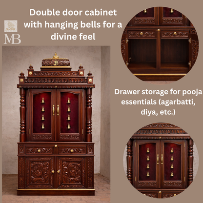 Luxury Wooden Pooja Mandir with Doors & Storage Cabinet | Solid Teak Wood Home Temple | Handcrafted Hindu Prayer Mandir